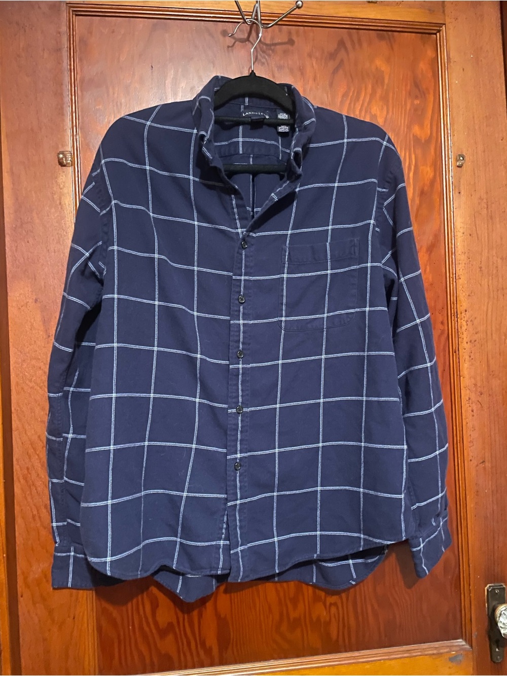 Sturdy Lands' End Men’s Navy Windowpane Flannel Button-Down Shirt